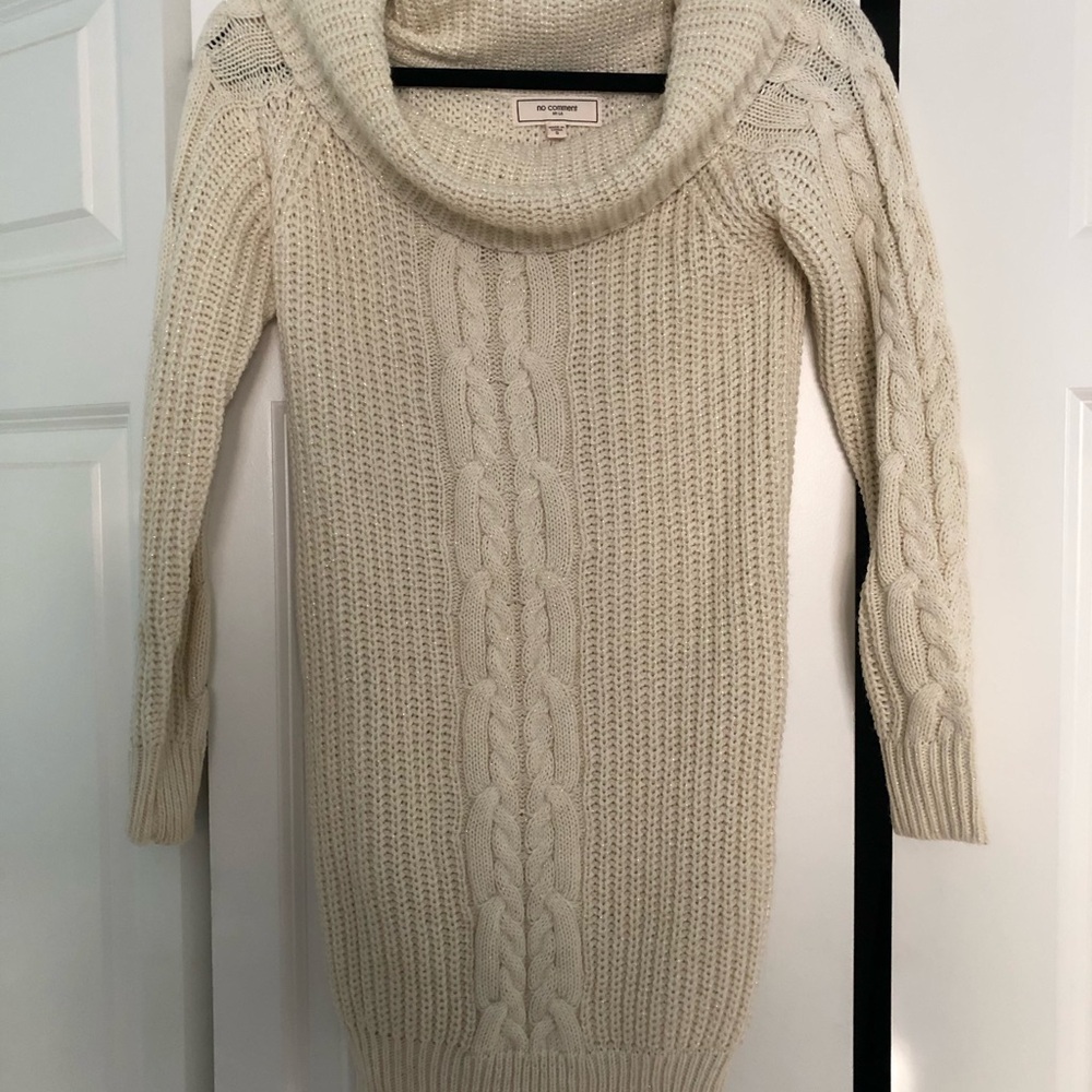 No Boundaries Cream Cowl Neck Cable Knit Sweater Dress